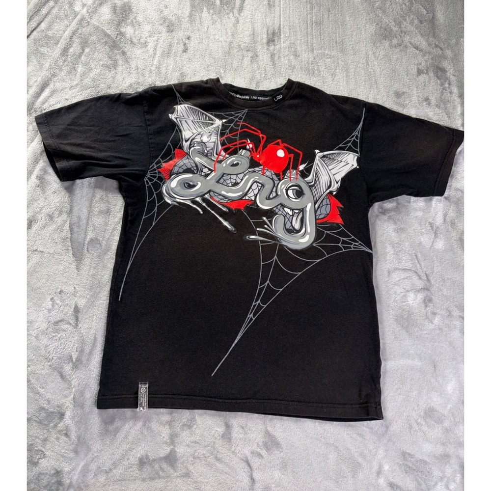 Lrg Stylized Dragon and Spider T-Shirt Mens M Black with Gray spiderweb motif